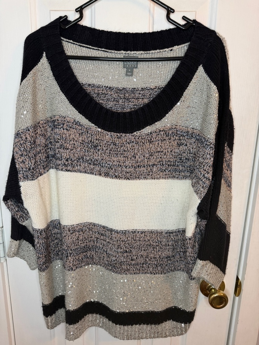 New York & Co Knit 3/4 sleeve Sweater | 
Black, Cream, Gray w/ subtle sequins.